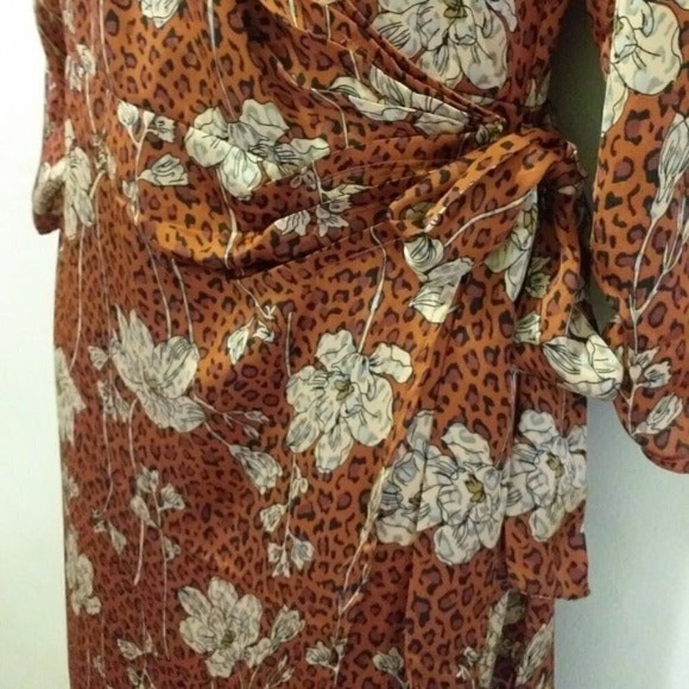 Leith Brown animal print floral boho wrap midi party women dress S Cottage Core - Picture 9 of 12